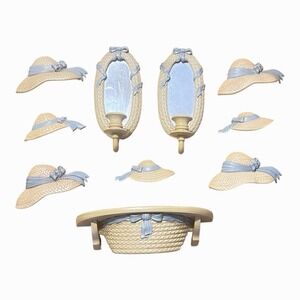 Vintage Burwood Plastic Wall Decor 10 Pieces Shelf Bonnets Blue Bows Made USA